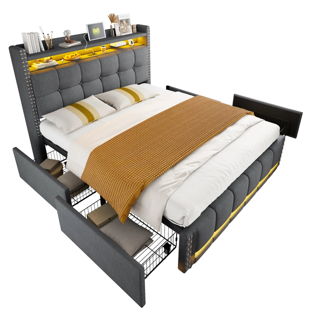 Letto matrimoniale imbottito 160x200 cm con LED, USB, contenitore e 4 cassetti