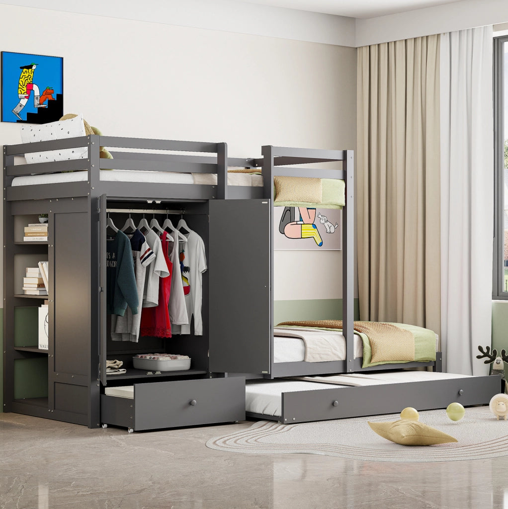 Letto a castello 90x200 con letto estraibile, armadio e cassetti grigio