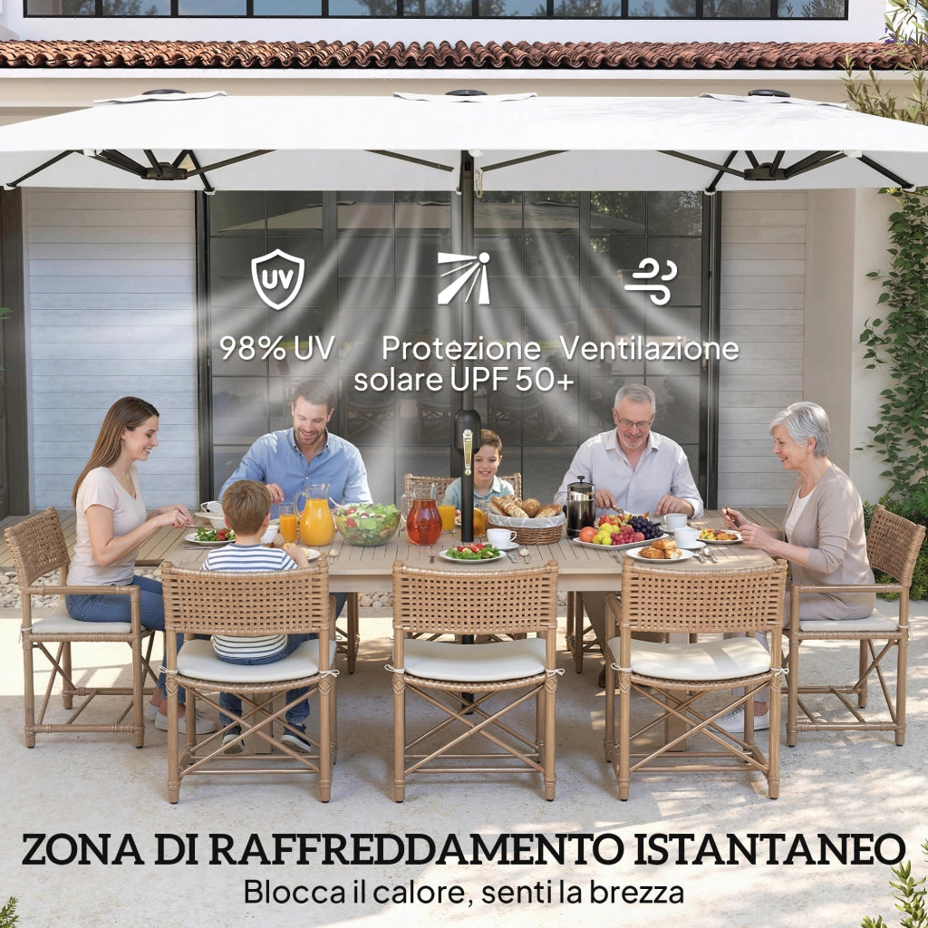 Ombrellone Doppio a 12 Stecche 459x266x235 cm con Manovella in Metallo e Poliestere Bianco