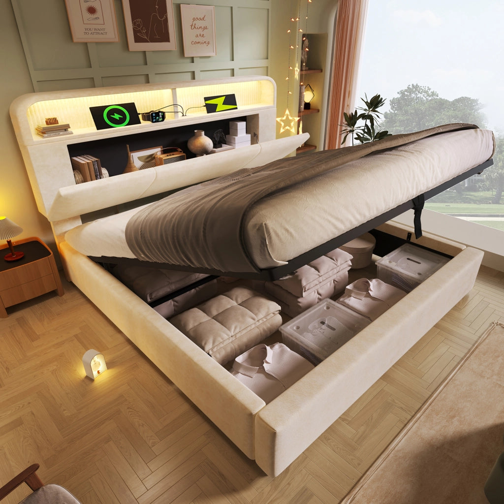 OKWISH Letto Contenitore 160×200 cm, Letto Matrimoniale con Contenitore, USB, Tipo C, LED Regolabile e Testiera Regolabile, senza Materasso, Velluto, Beige