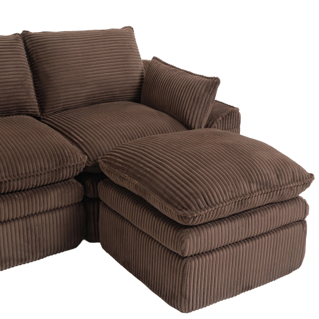 Divano Modulare 4 Posti con 2 Pouf ¨C MINIMAL ¨C Tessuto a Coste, Cuscini, Marrone