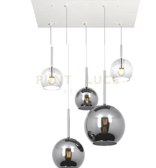 SOSP. BIANCO RETTANGOLARE 5 LUCI VETRI (1 GRANDE CR+1 MEDIO CR+3 PICCOLO (1X CR+2X TR)) 1155BI-S5 RMIX-TC