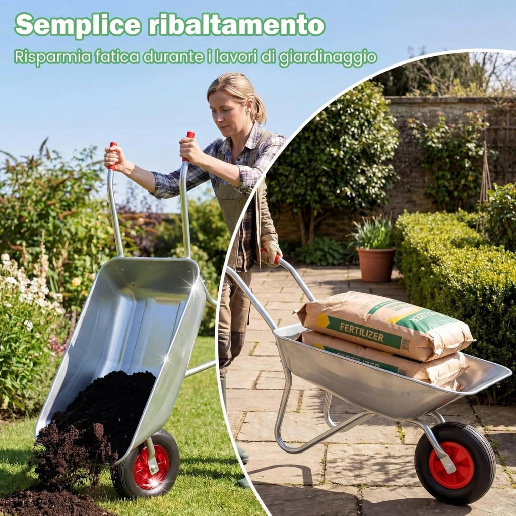Carriola da Giardino, Carriola a Ruota Singola con 2 Manici Ergonomici e Ruota in Gomma, Capacità 62,5L 136 kg, Acciaio Zincato, per Giardinaggio, Costruzioni e Trasporto, 133 x 60 x 64 cm