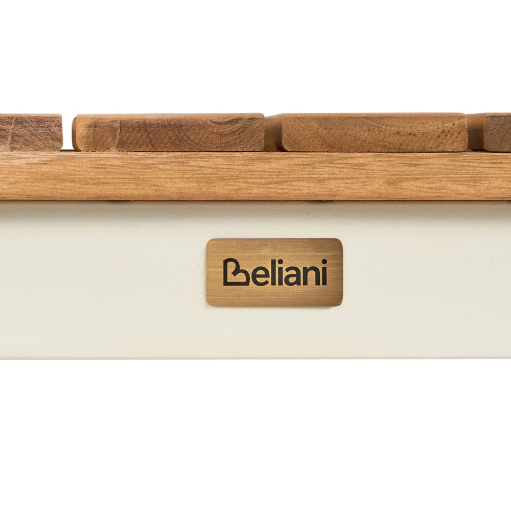 Set da giardino composto da 2 panchine in legno di acacia marrone con struttura in acciaio e pannello in compensato, stile moderno
