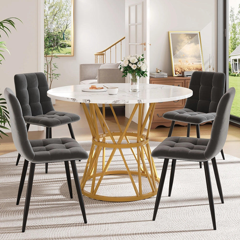 Set tavolo-Xylo-100cm rotondo 4 sedie grigio piedi metallo piano marmorizzato