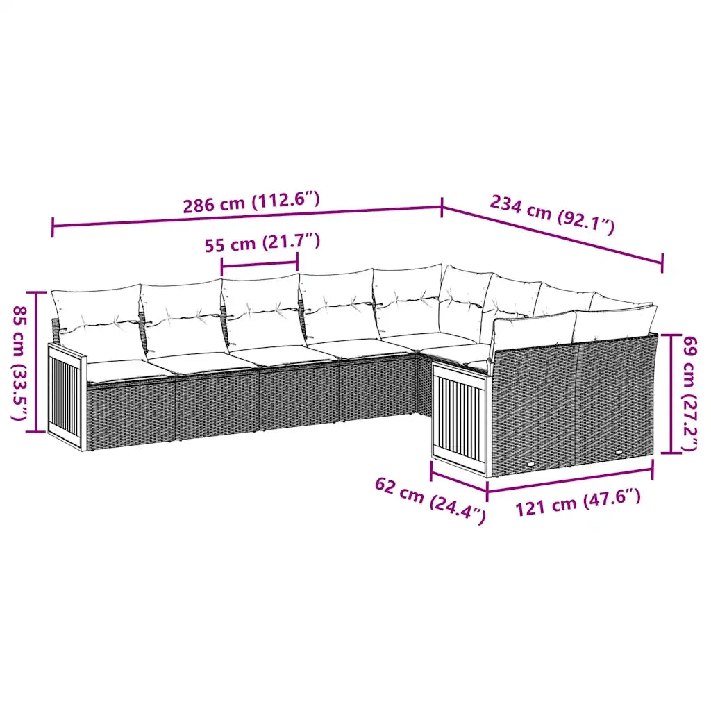 Set Divani da Giardino 9 pz con Cuscini Nero in Polyrattan