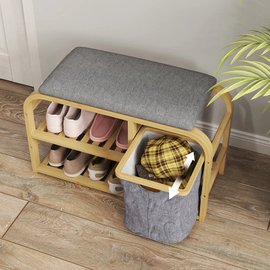 Panca portascarpe con cuscino ¨C Xylo ¨C legno naturale, 2 ripiani e cestino, 70x30x45cm