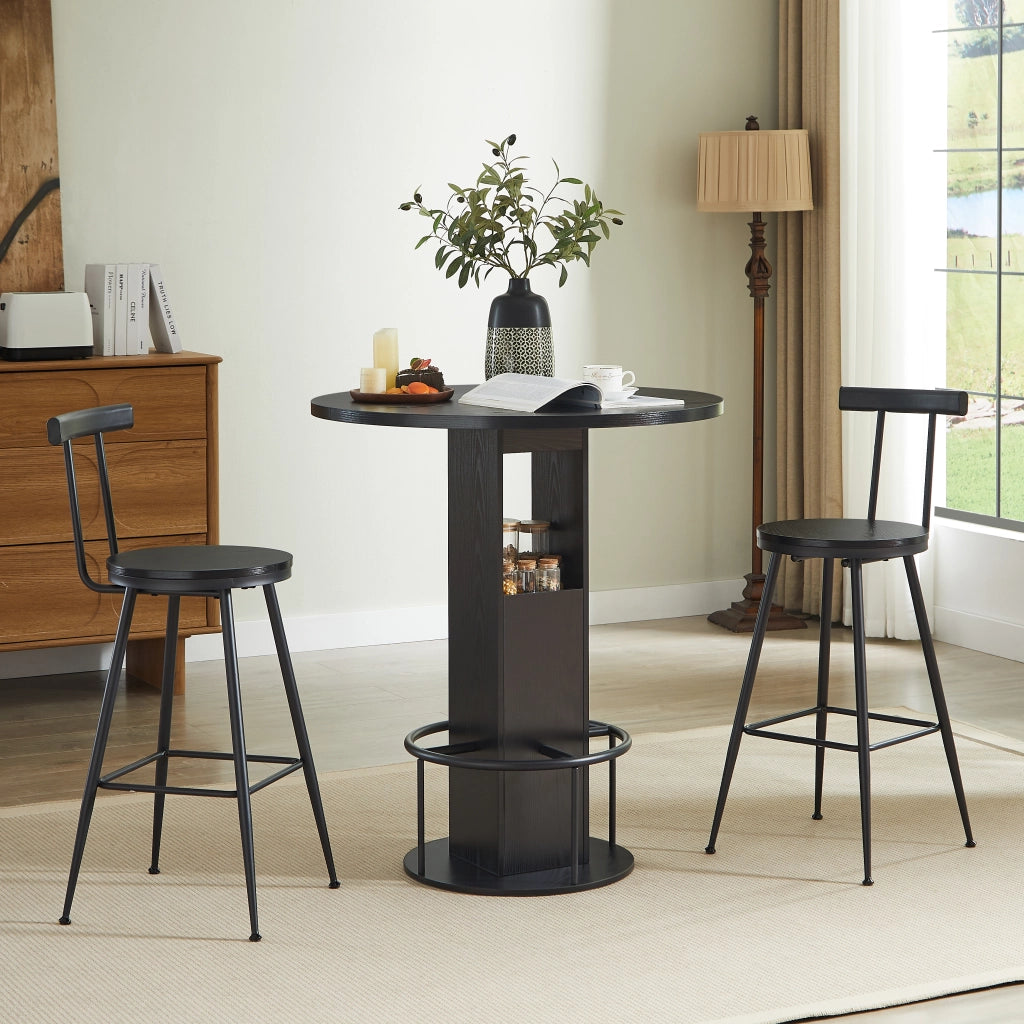 Set Tavolo Alto Rotondo con 2 Sgabelli ¨C MINIMAL ¨C Legno e Metallo Nero, Piano 80cm