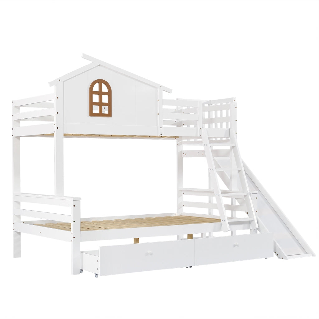 Letto a castello 90×200 cm e 120×200 cm con finestra; scivolo; 2 cassetti; senza materasso; in legno bianco