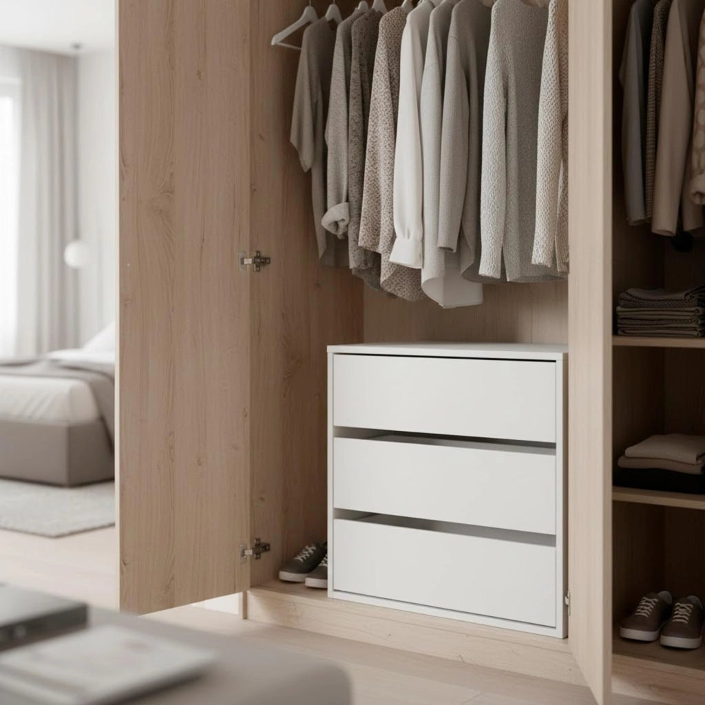 Cassettiera Con 3 Cassetti E Guide Metalliche Salvaspazio Compatta Per Camera Da Letto Guardaroba Cabina Armadio Stile Moderno Minimal 60 x 57 x 44 Cm Colore Bianco