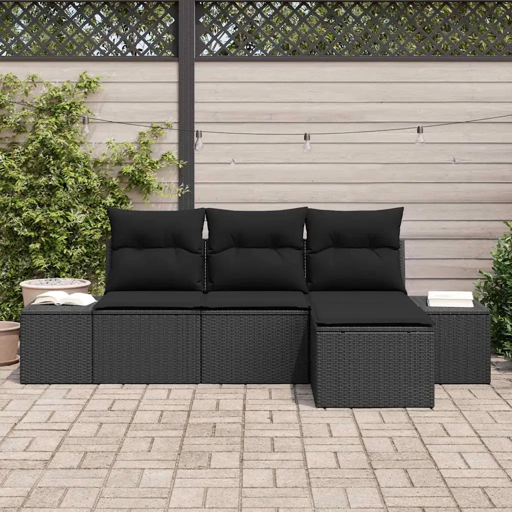 Set Divano da Giardino con cuscino 4 pz | Set Salotto da Giardino Nero polyrattan