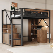Letto a soppalco in metallo con scala contenitore; protezione a finestra e spazio sotto il letto; nero; 140x200 cm; senza materasso