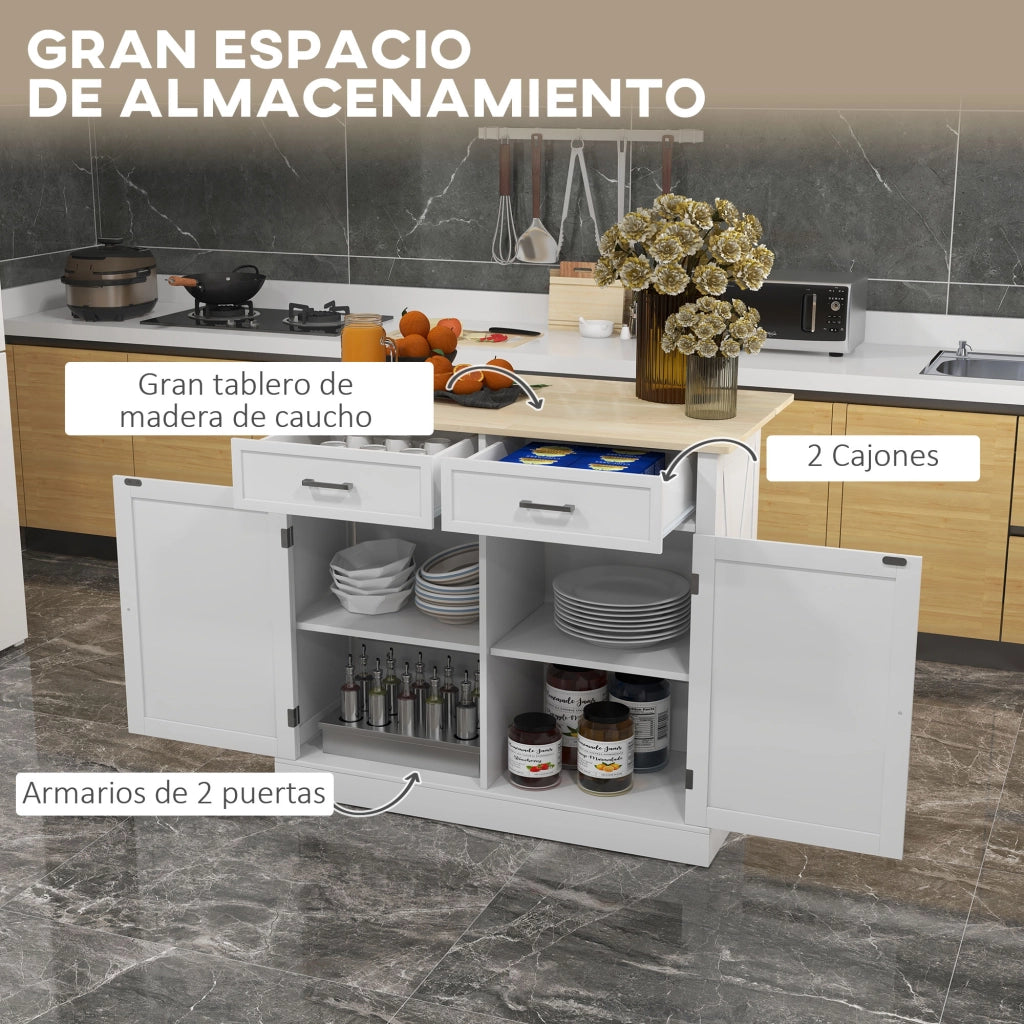 Carrello Cucina Isola con Piano Lavoro Pieghevole ¨C Xylo ¨C 2 Ante 2 Cassetti Ripiano 4 Ruote 105x60x90,5cm Bianco