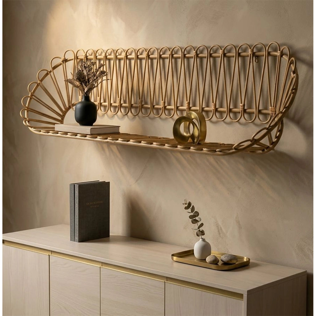 Libreria da muro Panama in ferro e rattan 162x28x43,5 cm