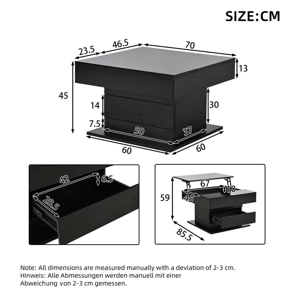 Tavolino da caffè con 1 cassetto; piano alzabile e rotante - per soggiorno - in truciolare - 70x70x45 cm - nero
