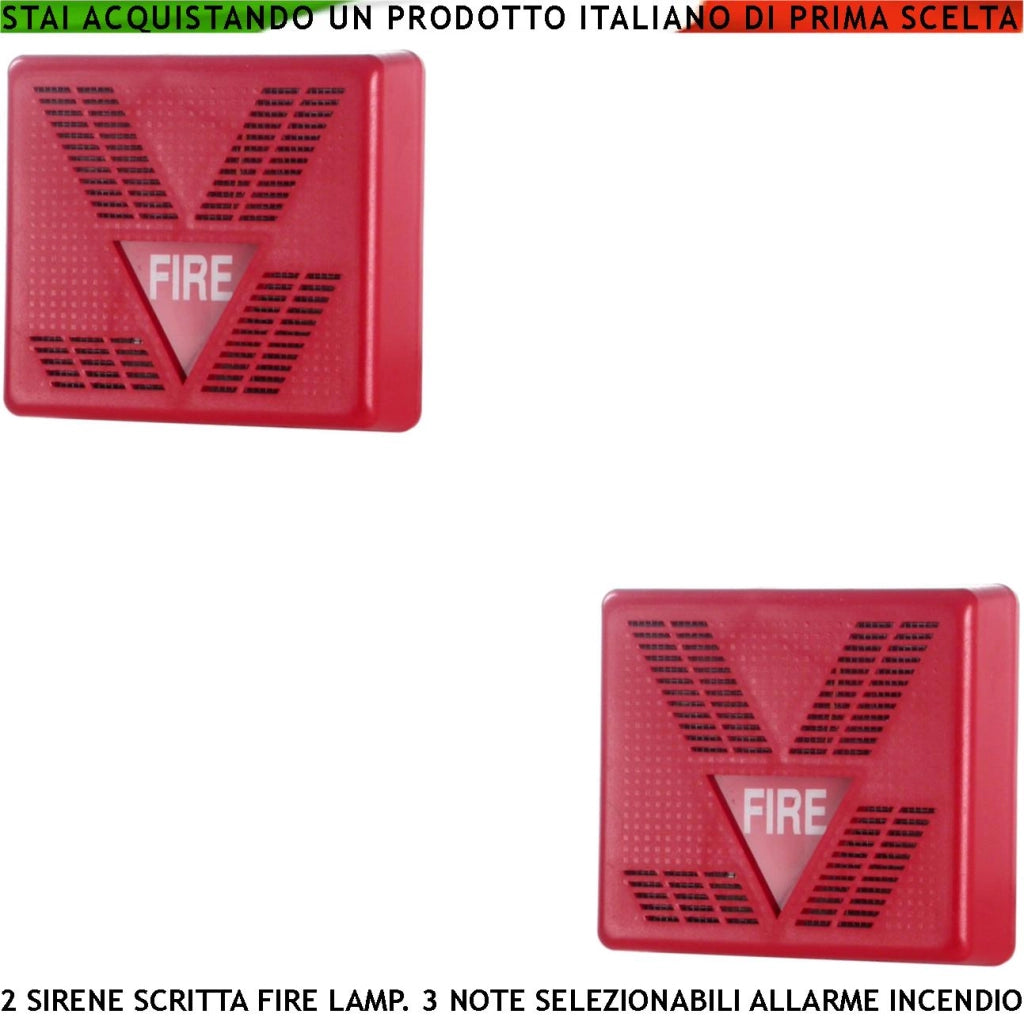SIRENA MULTISUONO ROSSA 2 PEZZI SEGNALAZIONE ALLARME INCENDIO ALIMENTAZIONE 24 VCC SCRITTA FIRE LAMPEGGIANTE