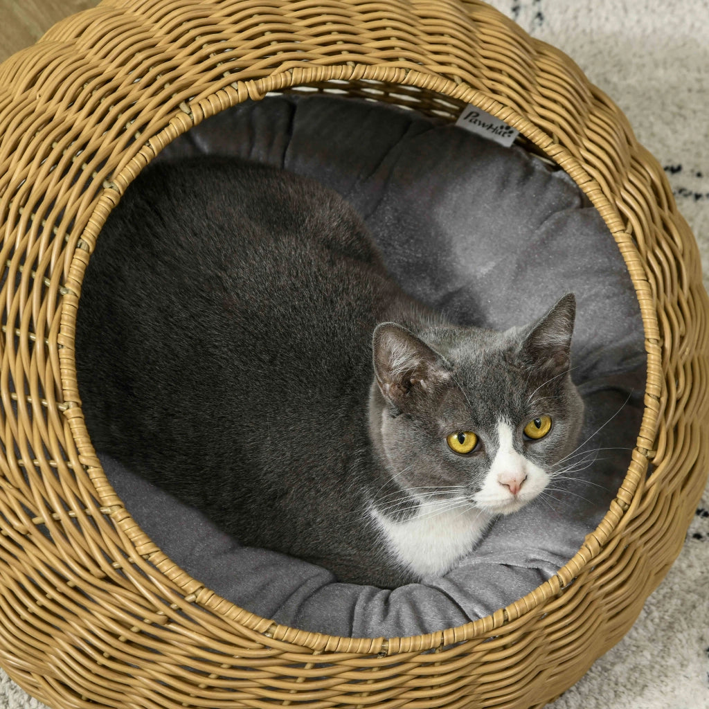 Cuccia per gatti con cuscino lavabile ¨C Xylo ¨C rattan sintetico beige chiaro ?50x31cm