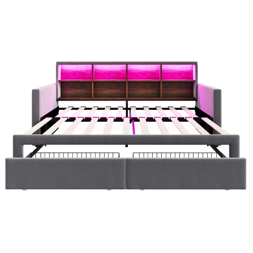 Letto imbottito estraibile 90x190 cm con contenitori, LED e prese