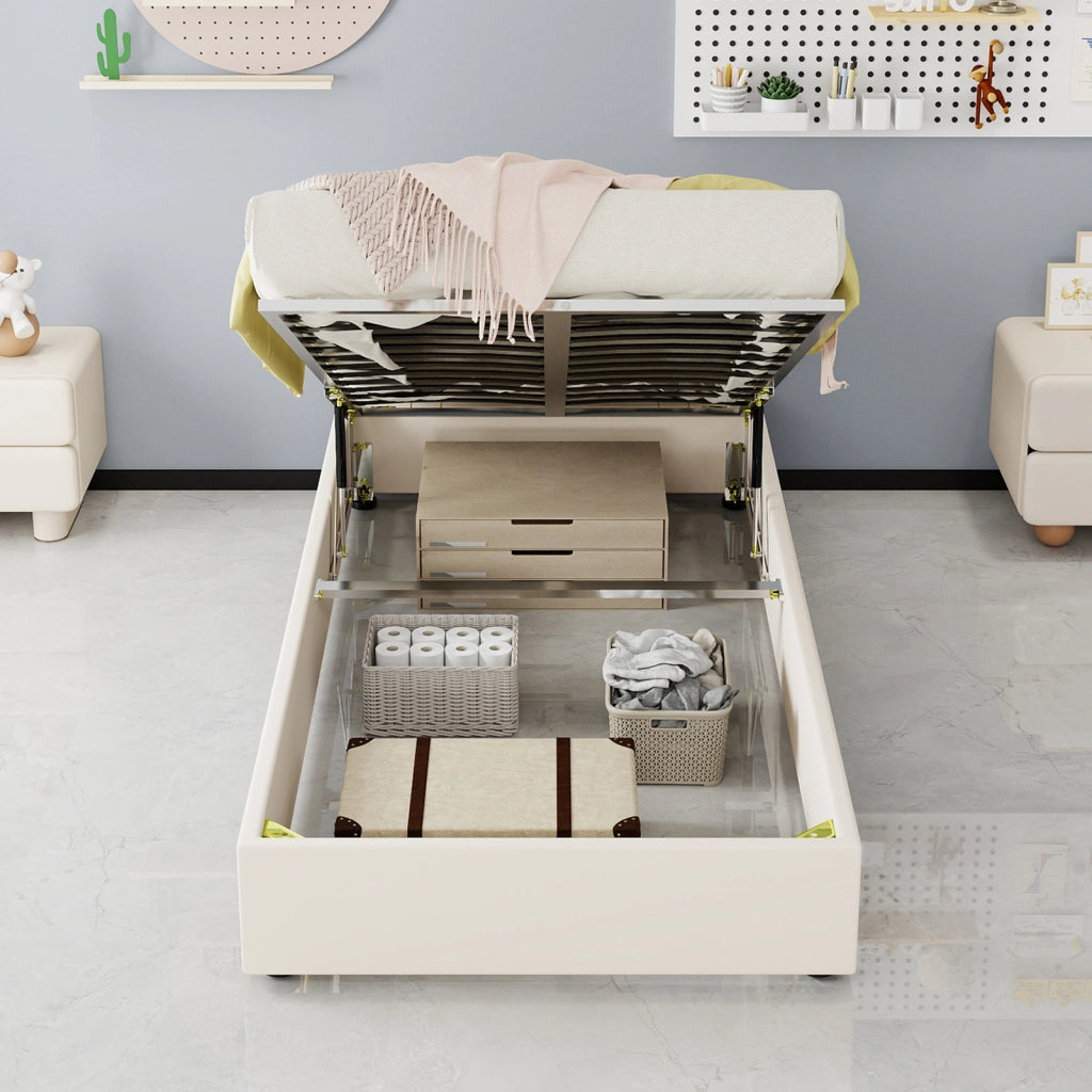 DESMIU Letto bambino 90 × 200 cm 1 posto con contenitore pneumatico e testiera fantasia, senza materasso, in tessuto e metallo beige