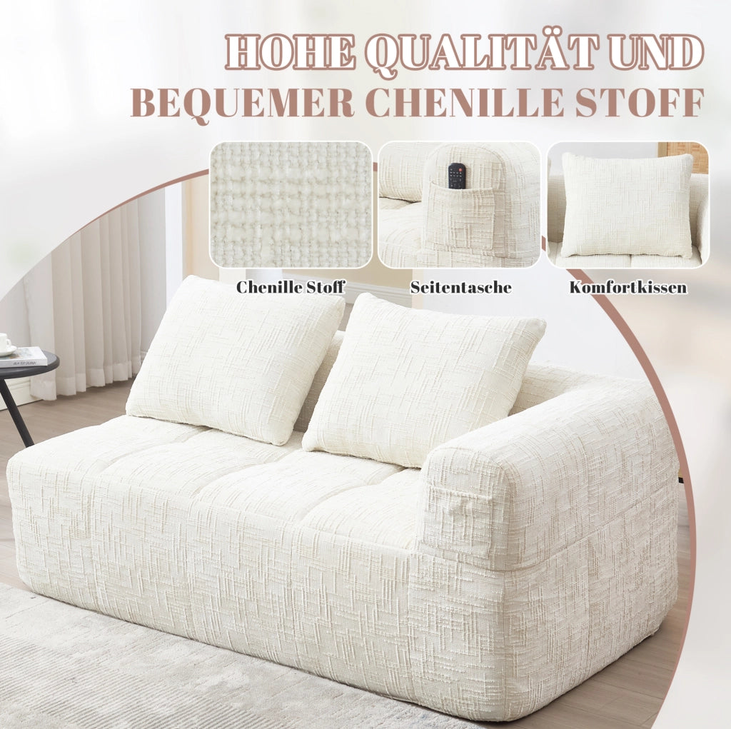 Divano con chaise longue in chenille beige 158x90x60 cm; con tasche laterali e cuscino