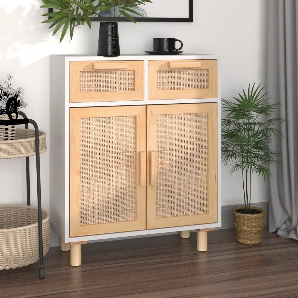 Credenza | Madia | Buffet da pranzo | Armadio da pranzo Bianca 60x30x75 cm Legno Massello Pino Rattan Naturale
