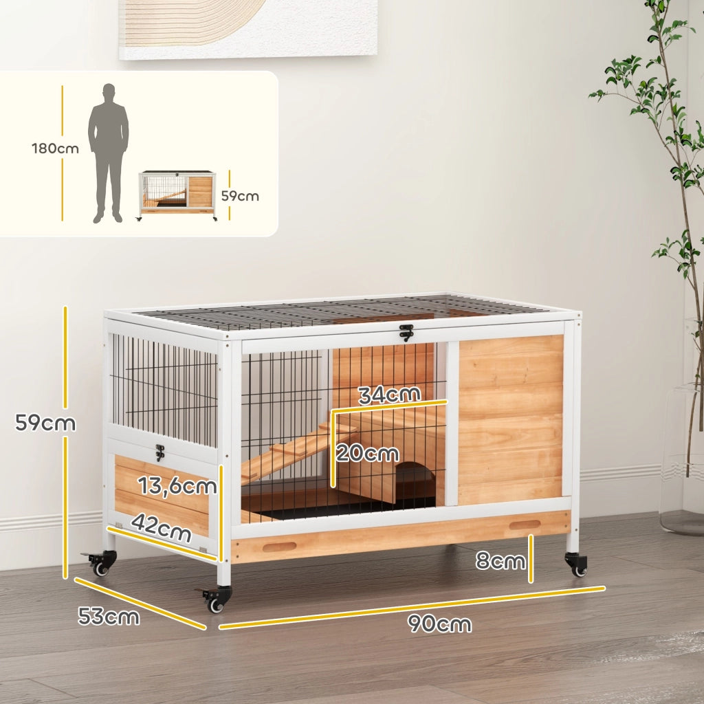 Casetta Interna per Conigli e Porcellini d'India in Legno con Coperchio Apriporta e Rotelle ¨C Minimal ¨C Giallo e Bianco 90x53x59 cm