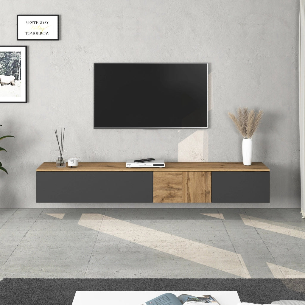 WHOUS Mobile porta TV sospeso Iseo con 2 ante e 1 ribalta antracite opaco e rovere 200x35x30 cm