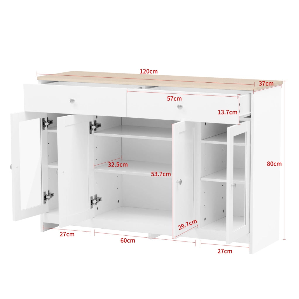 Credenza sideboard rustica 120 cm in MDF bianco e effetto legno; 2 cassetti e 4 ante