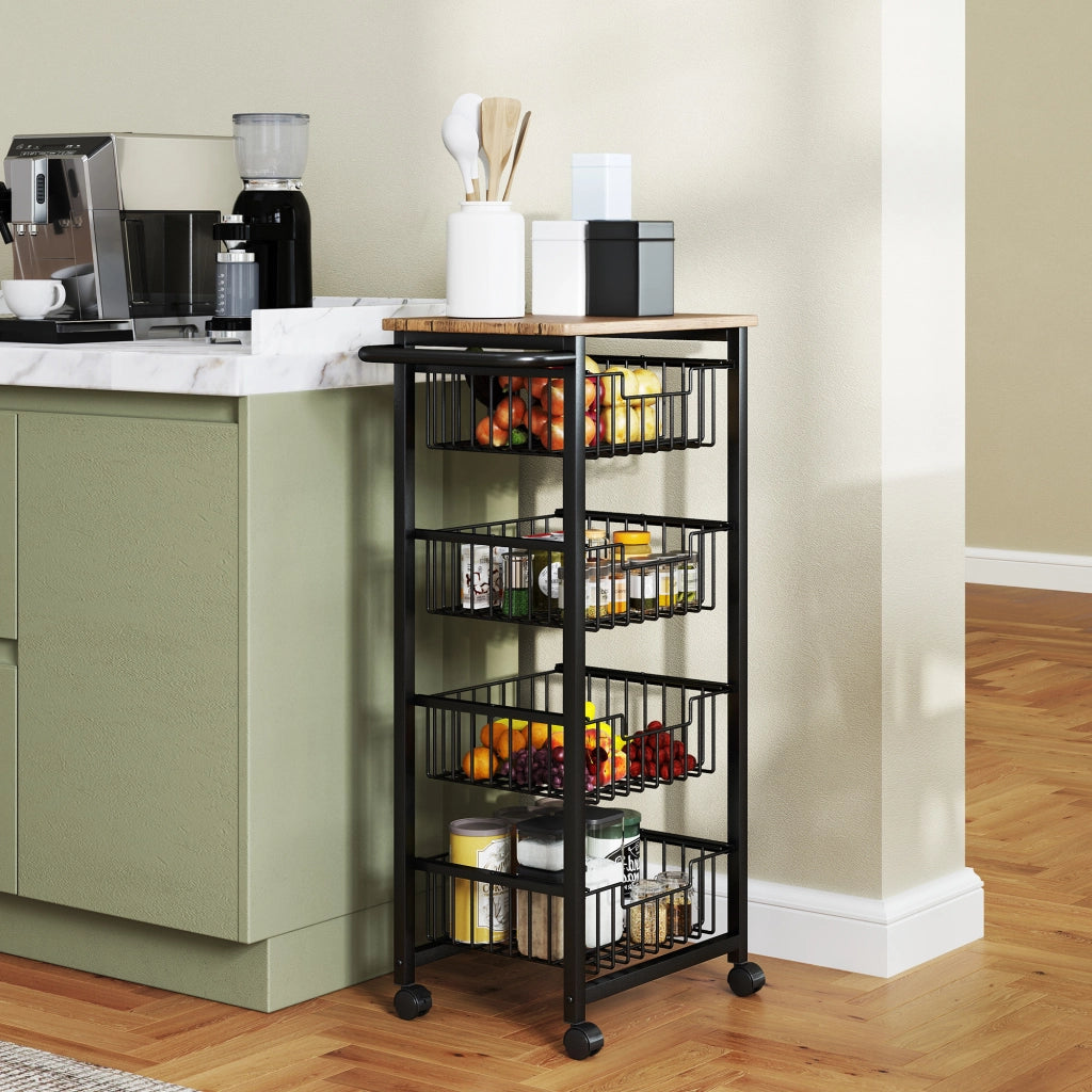 Carrello da Cucina con 4 Cestelli Scorrevoli ¨C Xylo ¨C Struttura in Acciaio 49,5x31x91 cm Rovere