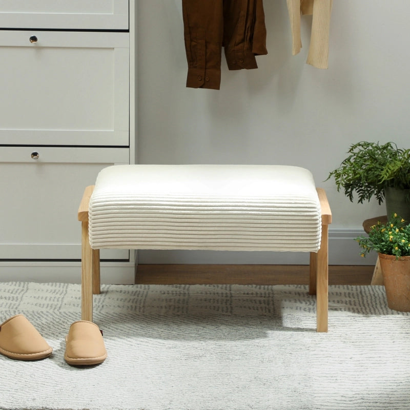 Poggiapiedi con morbido cuscino di seduta, gambe in legno, effetto velluto a coste, bianco crema