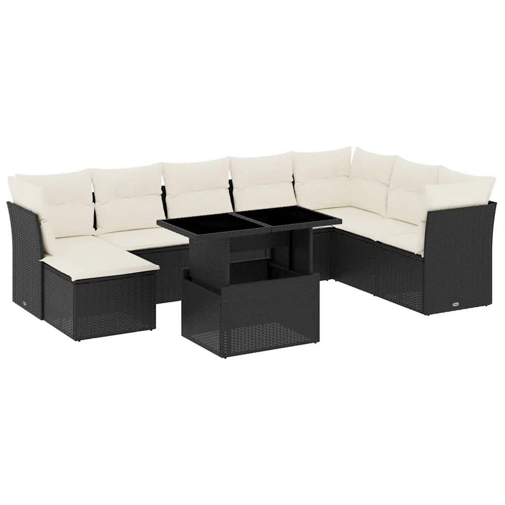 Set Divani da Giardino 9 pz con Cuscini Nero in Polyrattan