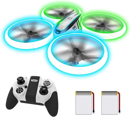 Drone per bambini - RC Drone funzione di mantenimento dell'altezza modus senza testa quadricottero colore blu verde luci propulsori protezione doppie batterie - facile da volare