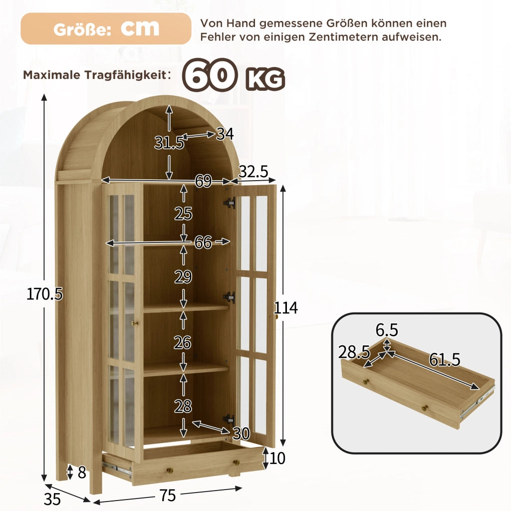 Vetrina ad Arco con 1 Cassetto e Ripiani per Soggiorno in MDF 75×35×170.5 cm Naturale