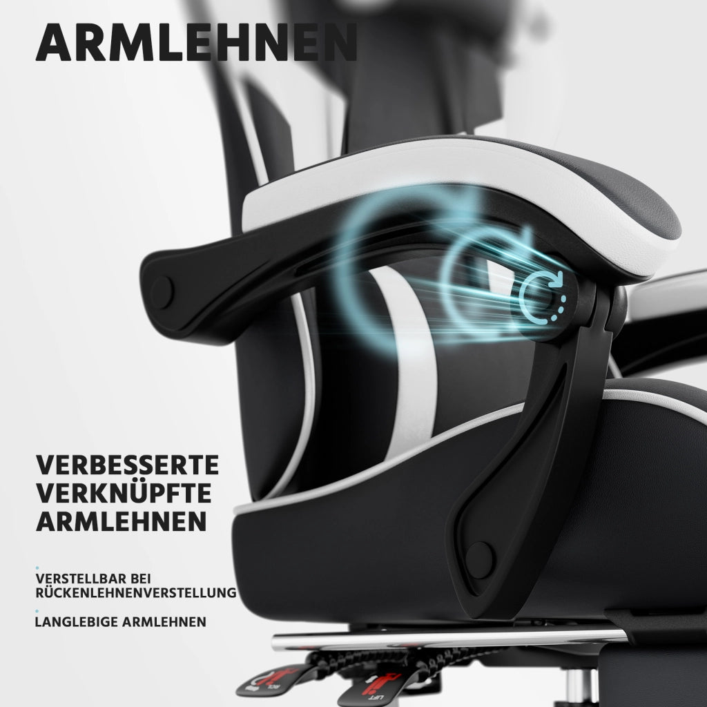 Sedia da ufficio ergonomica con supporto lombare; poggiapiedi; schienale reclinabile e braccioli in PVC nero bianco