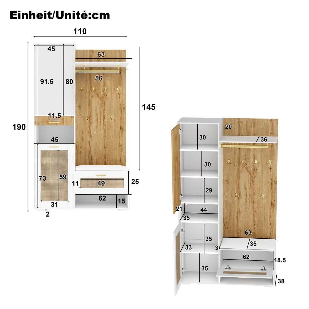 ARMADIO INGRESSO 110x38x190 cm Bianco/Legno con Specchio e LED