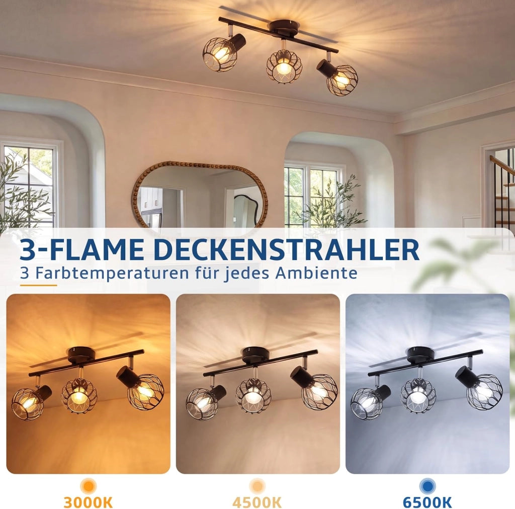 ZMH Faretto da Soffitto 3 Luci Nero E14 Metall Orientabile 350¡ã per Cucina Soggiorno Corridoio Senza Lampadina