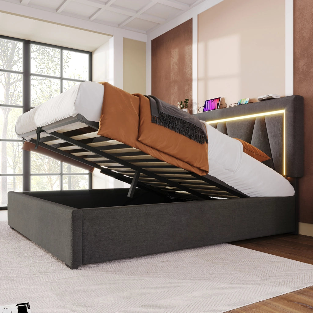 Letto contenitore matrimoniale 140×200 cm con testiera regolabile; USB; Type-C; LED; materasso incluso; grigio