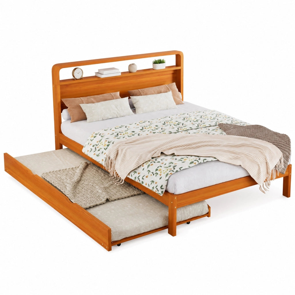 Letto in legno naturale 140x200 cm con letto estraibile 90x190 cm, soluzione 2 in 1 salvaspazio