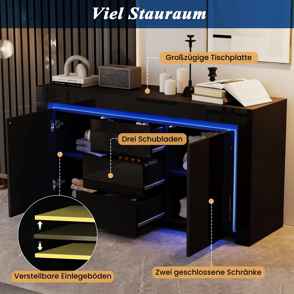 MADIA 140x40x65 cm MDF Nero Lucido con LED 2 Ante e 3 Cassetti