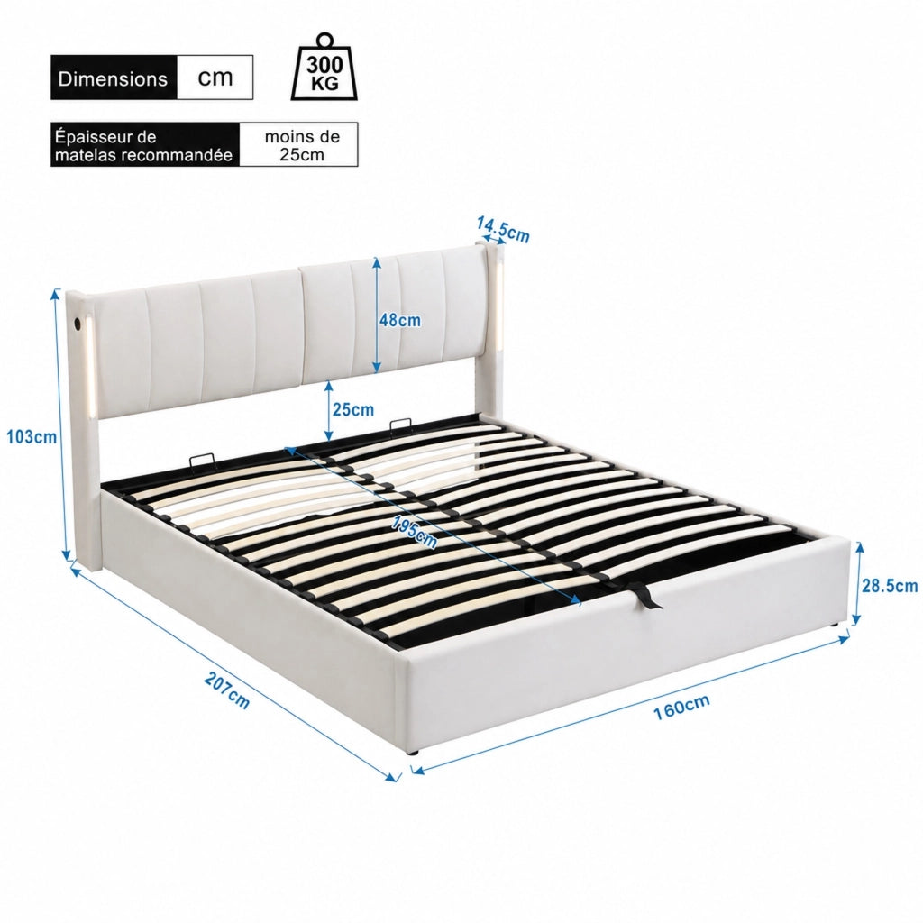 DESMIU Letto contenitore 160 × 200 cm 2 posti con USB, LED, testiera regolabile, senza materasso, in PU bianco
