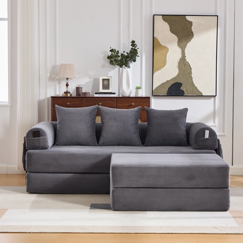 Divano modulare in velluto a coste con pouf, 3 cuscini e tasca laterale, grigio scuro