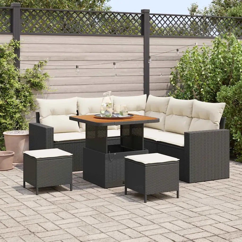 Set Divano da Giardino 9 pcs Nero e Crema polyrattan