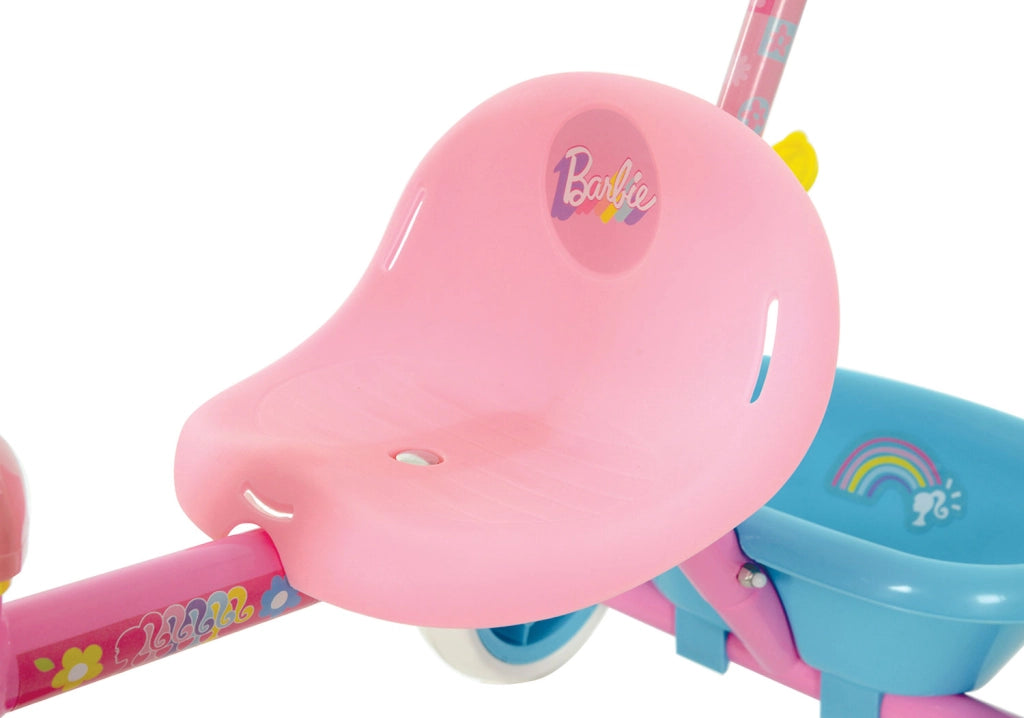 Triciclo a Pedali Primi Passi per Bambini con Maniglione Genitoriale Rimovibile e Vano Contenitore Barbie Rosa