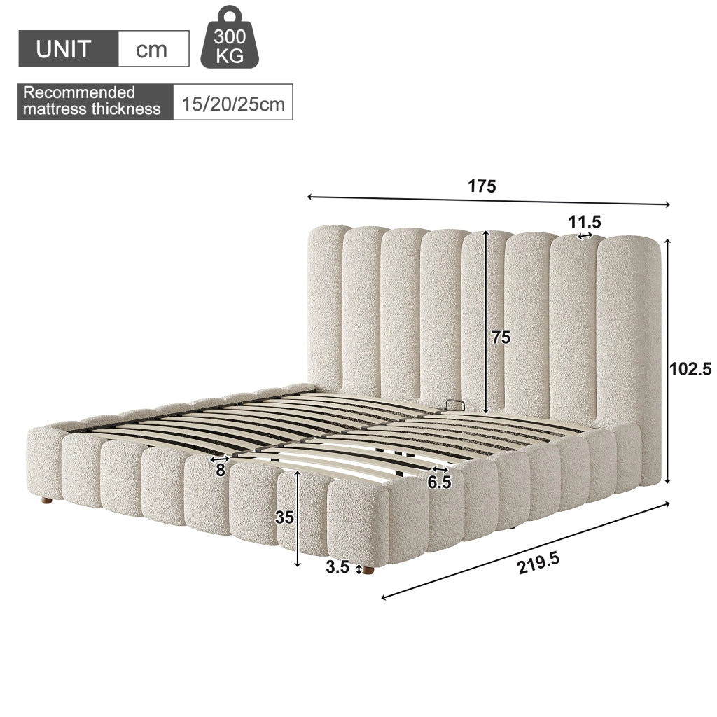 Letto matrimoniale in bouclé bianco 160x200 sollevamento idraulico doghe testiera