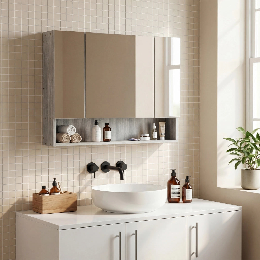 Armadio con specchio e ripiani ¨C Minimal ¨C Grigio, legno, vetro, 90x15x75 cm
