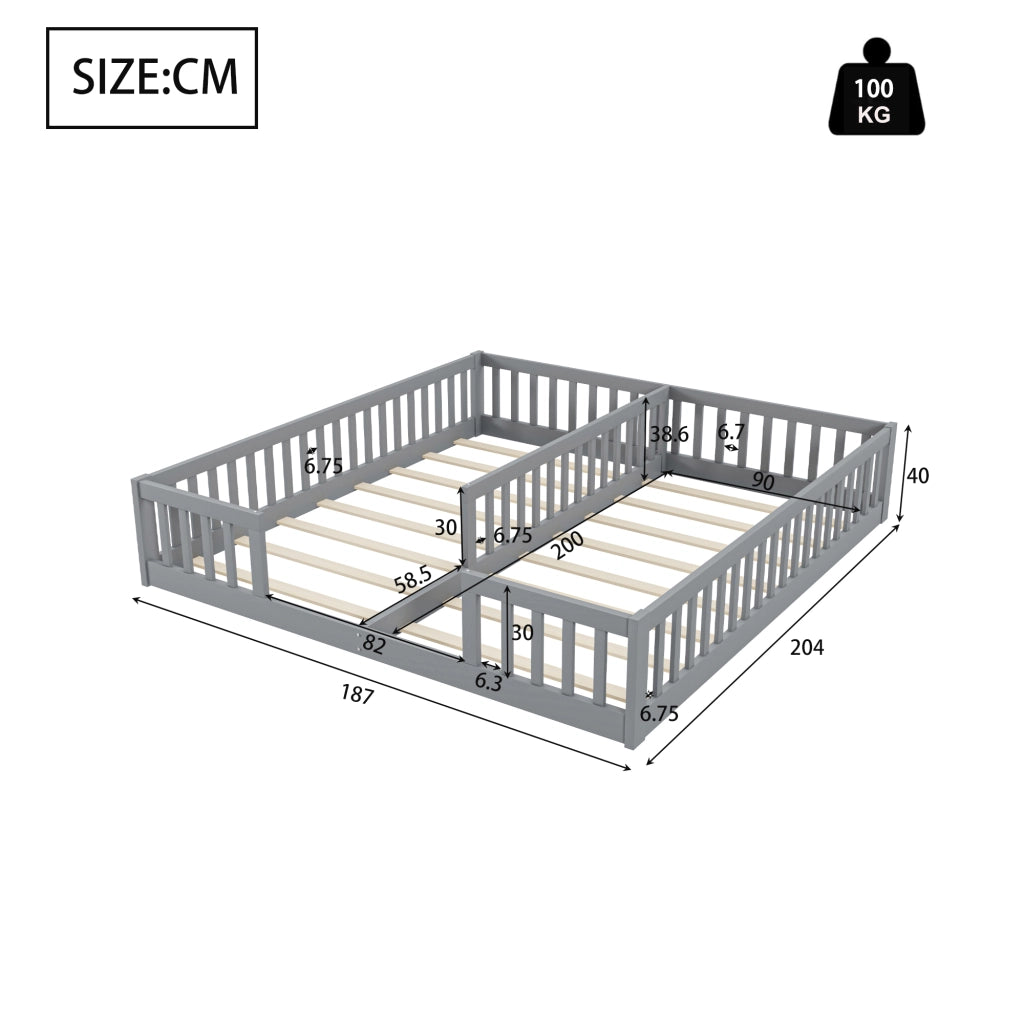 OKWISH Letto Bambino 90×200 cm, Letto Singolo a Terra con 2 Posti Letto, Sponde di Sicurezza, con Doghe e senza Materasso, Grigio