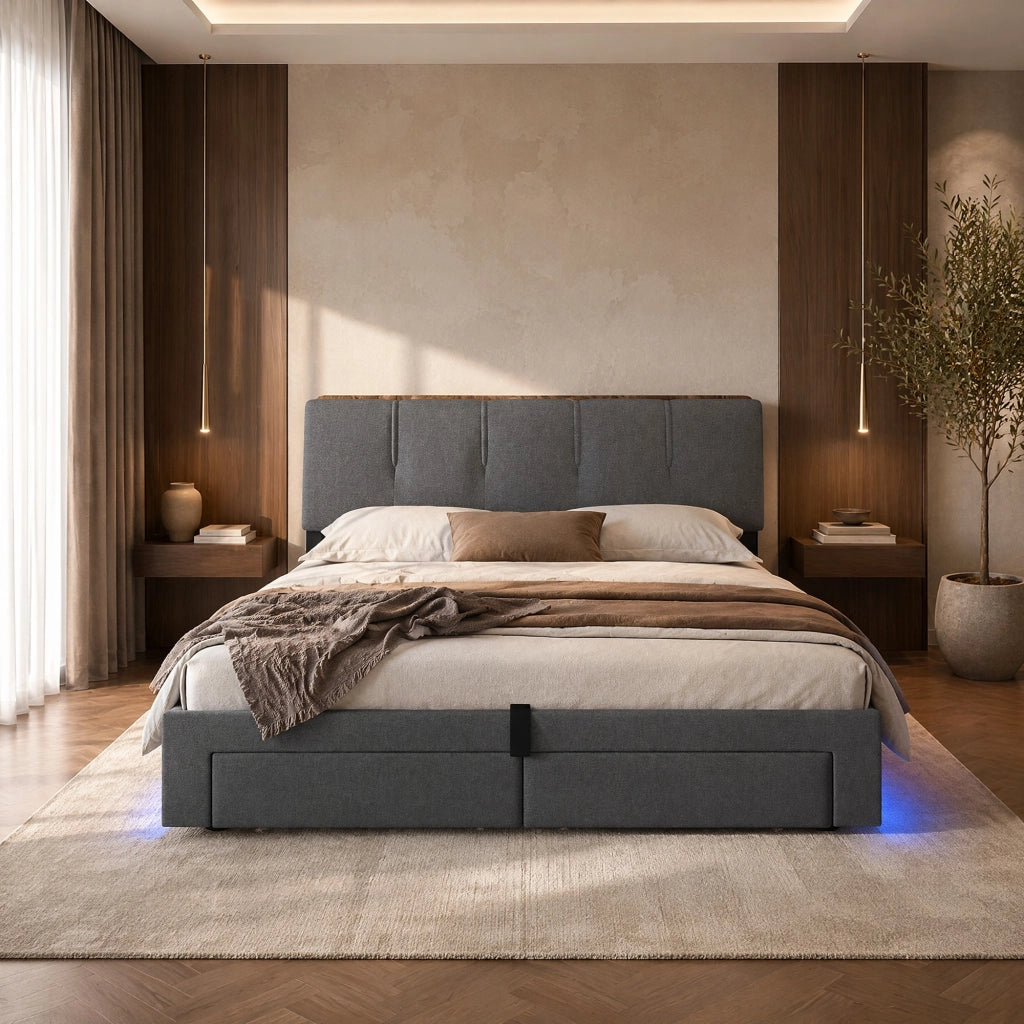 LETTO Contenitore 140x200 cm Grigio in lino con USB e Type-C