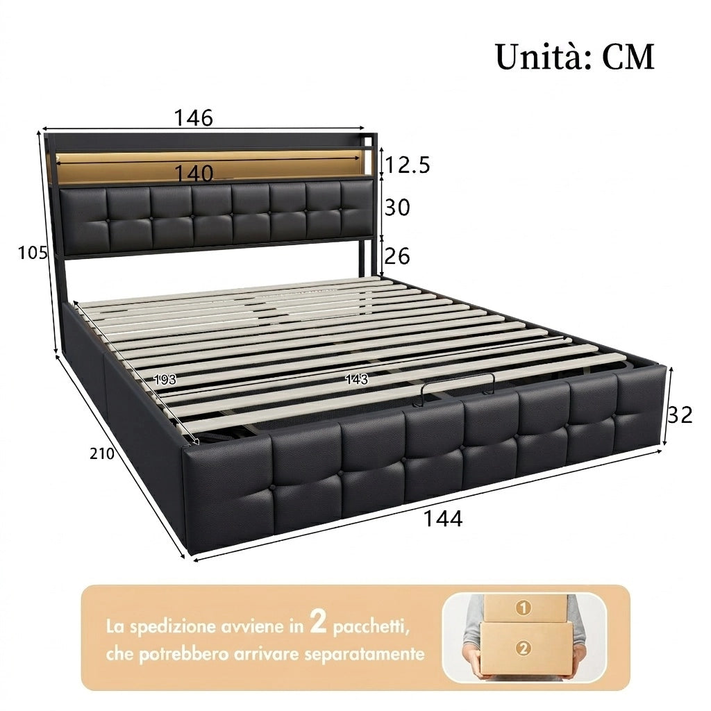 Letto matrimoniale 140x190 cm con contenitore LED USB testiera struttura letto MDF e PU - nero
