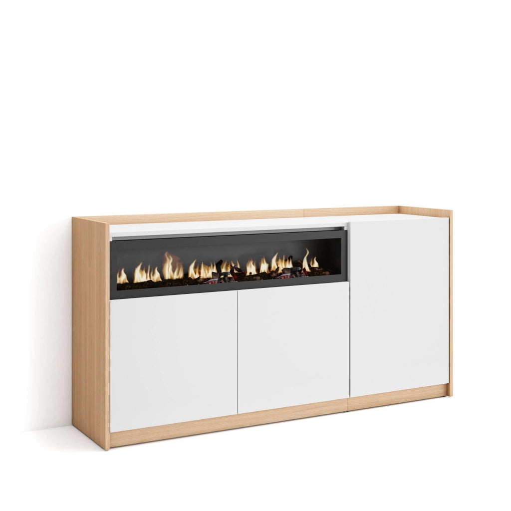 Credenza, Mobile, Cucina, 156x80x37 cm, 3 Porte, Camino elettrico, Bianco e Rovere soft