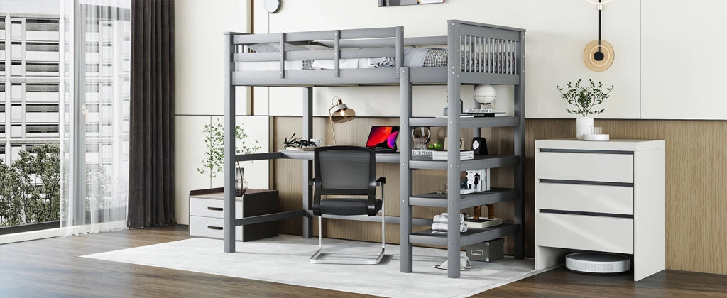LETTO A CASTELLO ALTO con scrivania e ripiani 90 x 200 cm pino e MDF grigio